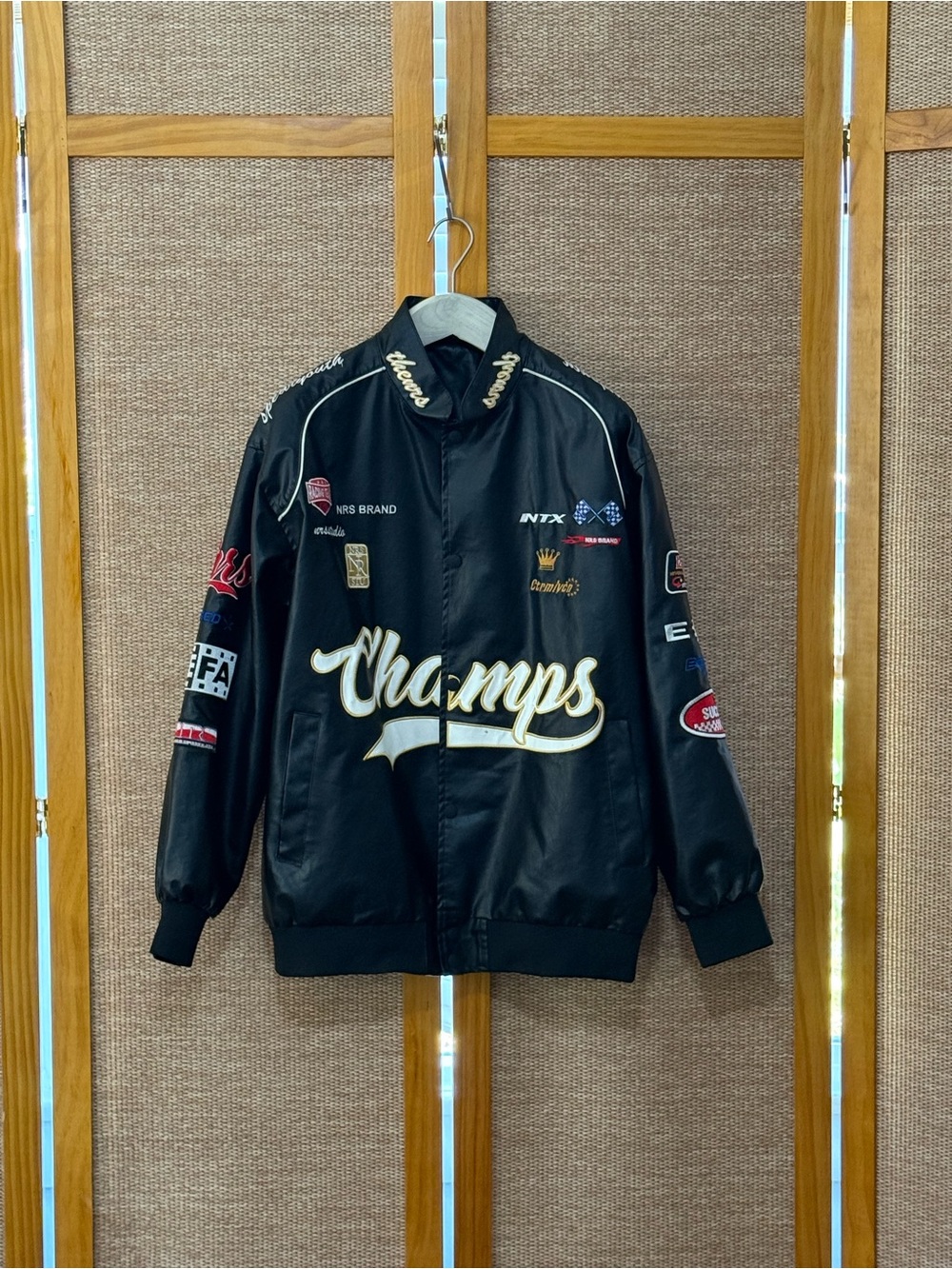 Vintage Black Leather Racing Jacket with Patches